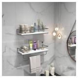 Shario Floating Shelves - Set of 2, Wall Mounted Hanging Shelves with Golden Towel Rack, Decorative Storage Shelves for Bathroom, Kitchen, Living Room & Bedroom (White Grey) Retail $34.94