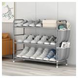 SUOERNUO Shoe Rack 3 Tier Free Standing Metal Shoe Shelf Compact Storage Organizer with Side Bag for Entryway Closet Bedroom,Grey Retail $14.91