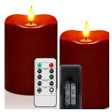 Retisee 2 Pcs 3 x 4 Inch Flameless Christmas LED Candles Burgundy Red Pillar Candles with Remote Timer Flickering Real Wax Battery Operated Candles for Christmas Halloween Home Decor Holiday Party