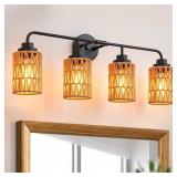 FIYUEOYI Bathroom Vanity Light, 4-Lights Boho Bathroom Light Fixtures Over Mirror with Rustic Handwoven Shades 30 inch Farmhouse Wall Sconce Lighting - Retail: $82.18