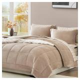 AMBERSPACE Luxury Queen Size Comforter Sets 7 Piece, Taupe Plush Flannel Velvet Comforter Set Queen 7 Pieces, Soft Warm Plush Comforters Bed in A Bag Queen 90"*90"(Light Taupe,Queen)