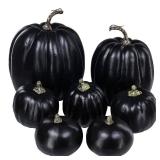 Winlyn 7 Pcs Assorted Artificial Black Pumpkins Halloween Pumpkins Faux Rustic Decorative Foam Pumpkins for Fall Halloween Thanksgiving Tabletop Centerpiece Mantel Kitchen Decor