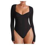 REORIA Womens Fashion Casual Sexy Sweetheart Neck Basic Layering Compression Long Sleeve Body Suit Fitted Going Out Thong Bodysuits Outfits for Party Black X-Large