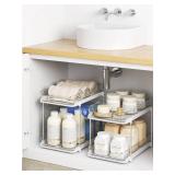 Delamu 2 Sets of 2-Tier Multi-Purpose Bathroom Under Sink Organizers and Storage, Stackable Kitchen Pantry Organization, Pull Out Medicine Cabinet Organizer with 8 Movable Dividers