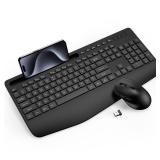 Wireless Keyboard and Mouse Combo - Full-Sized Ergonomic Keyboard with Wrist Rest, Phone Holder, Sleep Mode, Silent 2.4GHz Cordless Keyboard Mouse Combo for Computer, Laptop, PC, Mac, Windows -Trueque