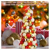 Yuxung 2 Pcs 16 Inch Christmas Ball Tree with 2 Led String Lights Mini Tabletop Cone Shaped Christmas Tree Ball Ornament Table Centerpiece for Xmas Holiday Room Decor(Red, White and Gold)