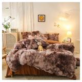 Jameswish Shaggy Plush Duvet Cover Set Super Soft Fluffy Faux Fur Comforter Cover Set Luxury Fuzzy Bedding Set 3 Piece(1Duvet Cover+2Pillowcases) with Zipper Closure(King Size,Coffee White Ombre)