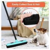 Rubber Broom Carpet Rake for Pet Hair Removal, Fur Remover Broom with 59" Telescoping Long Handle, Pet Hair Broom with Squeegee for Carpet, Hardwood Floor, Tile