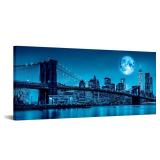 iKNOW FOTO Black White and Blue New York Canvas Prints Full Moon Night in Manhattan Picture