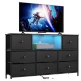 LYNCOHOME Black Dresser with Power Outlets and LED Lights, 43" W Dresser TV Stand with 8 Drawers, Fabric Chest of Drawers for Bedroom, Living Room, Entryway - Retail: $93.7