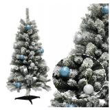 4FT Christmas Tree with Snow Top,Christmas Pencil Tree with Lights, Pre-lit Green Christmas Tree