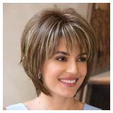 Creamily Short Brown Wig Mixed Blonde Pixie Cut Wigs with Bangs Fluffy Layered Synthetic Hair Replacement Wig for Women Party Halloween Cosplay Costume Wigs