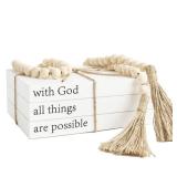 Decorative Books for Home Decor, White Faux Books for Decoration, Rustic Farmhouse Stacked Display Books (with God All Things are Possible)