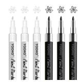 YOOHO Paint Pen White Black Acrylic Marker Set for Rock Wooden Tire Metal Leather Glass Painting, 0.7mm Fine Point Quick Drying (3pcs Black +3pcs White)