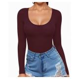 MANGOPOP Womens Scoop Neck Long Sleeve Slim Fit T Shirt Tunic Tops Tee (Long Sleeve Burgundy, Large)