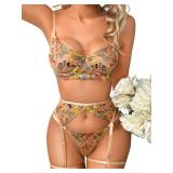 Kaei&Shi Garter Belt Lingerie Set,Underwire Floral Embroidered 4 Piece Sheer Lace Lingerie,Thong Matching Thigh Straps Sexy Lingerie for Women Boudoir Tan X-Large