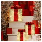 Set of 3 Christmas Lighted Gift Boxes,Silver Xmas Present Boxes,80 LED Lights Prelit Boxes,Christmas Tree Ornaments Decoration for Indoor Outdoor Home Porch Decor