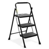 HBTower 3 Step Ladder, Folding Step Stool with Wide Anti-Slip Pedal, Sturdy Steel Ladder, Convenient Handrail, Lightweight, Portable Steel Step Stool