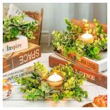 Jexine 8 Pieces Christmas Candle Rings Mini Candle Wreaths Center Candle Ring Artificial Wreath for Christmas Window Table Pillars Farmhouse Decoration Wedding Party Table Home Decor(Eucalyptus)