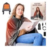 Qfun Portable USB Heated Blanket Shawl - Wearable Cordless Electric Heated Blanket for Outdoors 3 Heating Levels with Car Charger, USB Operated Camping Heated Blanket, Grey (Battery is Not Included)