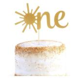 Cake Topper for Baby 1st Birthday - Gold Glitter Sunshine First Anniversary Shower Topper, Single-sided Sun ONE Birthday Cake Smash Topper For Photo Booth Props, Party Cake Decorating Supplies