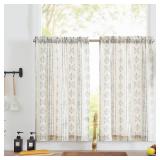 jinchan Boho Kitchen Curtains Linen Tier Curtains 24 Inches Bohemian Small Cafe Curtains Gray Striped Farmhouse Curtains for Bathroom RV Camper Light Filtering Rod Pocket 2 Panels Grey on Beige