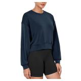 ODODOS Modal Soft Long Sleeve Cropped Sweatshirts for Women Oversized Crew Neck Pullover Crop Top, Navy, Medium