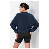 ODODOS Modal Soft Long Sleeve Cropped Sweatshirts for Women Oversized Crew Neck Pullover Crop Top, Navy, Medium