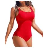 Charmo Womens Ribbed Scalloped One Piece Bathing Suits Cute Square Neck Retro Swimsuits Red M