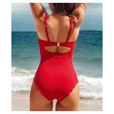 Charmo Womens Ribbed Scalloped One Piece Bathing Suits Cute Square Neck Retro Swimsuits Red M