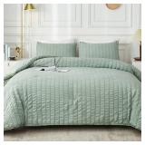 AveLom Seersucker Queen Comforter Set, Sage Green, 90x90, 3 Pieces