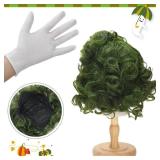 Tigeen Funny Wigs for Adult, Chocolate Factory Worker Accessory Candy Factory Cosplay Supplies for Women Men, Include 1 Short Green Curly Wig and a Pair White Work Gloves Cosplay Party Supplies