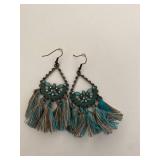 Greenish blue and tan fringe earrings