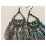 Greenish blue and tan fringe earrings