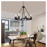 6 light large industrial wagon wheel chandelier with rope for dining room, light fixtures over table bedroom, kitchen, and foyer, black, farmhouse rustic chandelier