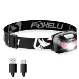 Foxelli Rechargeable LED Headlamp - Super Bright, Lightweight, and Comfortable Head Light for Running, Camping, Hiking, and Work, Suitable for Adults and Kids