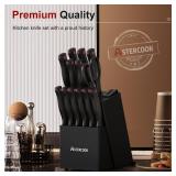 Astercook Knife Set, 15 Pieces Kitchen knives Set with Built-in Sharpener, High Carbon German Stainless Steel Chef Knife Block Sets, Sharp & Rust Resistant Dishwasher Safe, Black