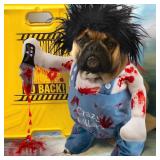 Deadly Dog Clothes Dog Halloween Costume Pet Deadly Dog Costume, Adjustable Dog Cosplay Costume Funny Doll Wig Pug Dog Party Clothes Christmas Dog Deadly Costume with Blood Knife Large