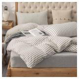 PURE ERA Jersey Knit Duvet Cover Set 100% T-Shirt Heather Cotton Super Soft Comfy Classic Striped Design, with Zipper Closure, Grey & White Stripe, Queen