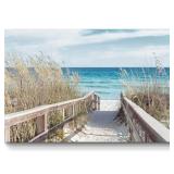 TAR TAR STUDIO Beach Artwork Seascape Wall Art: Seaside Painting Fence Pathway Picture Print on Wrapped Canvas for Living Room 36âx24â