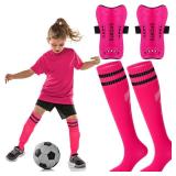 Syhood Soccer Shin Guards and Socks for Toddler Kids Youth, Lightweight Soccer Shin Pads Protective Soccer Gear for 3-5, 5-10, 10-15 Years Old Children Teen Boys Girls Soccer Game (Pink,S Size) Retail