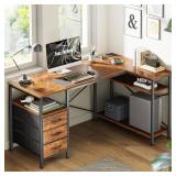 Huuger L Shaped Desk with Power Outlets, Computer Desk with 3 Drawers, 47 Inch Office Desk with Shelves, Gaming Desk, Corner Desk Work Desk for Home Office, Study, Rustic Brown - Retail: $113.34