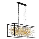 lVezzio Large Black and Gold Rectangle Crystal Chandelier for Dining Room 8-Light Modern Linear Rectangular Pendant Light Fixture for Kitchen Island Long Dining Table - Retail: $620.47