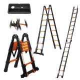 16.5FT Telescoping A Frame Ladder with Tool Platform and Stabilizer Bar, Upgrade Strengthened Joints Aluminum Telescopic Ladders with Wheels, Compact Folding Foldable Extension Ladder for Homeuse RV -