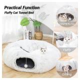 LUCKITTY Warm Fluffy Plush Cat Dog Tunnel Bed with Washable Cushion-Big Tube Playground Toys 3 FT Diameter Longer Crinkle Collapsible 3 Way, for Indoor Cat Kitty Kitten Puppy Rabbit Ferret White