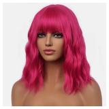 WTHCOS Hot Pink Wig Short Curly Wavy Wig with Bangs Rose Red Wig for Women Magenta Wig Neon Pink Wig Synthetic Wigs for Cosplay Costume Party with Wig Cap