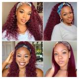 YiweYowe 24 Inch Wine Red Curly Wave Headband Wigs Human Hair 1B99J Ombre Burgundy Headband Wigs Two Tone Human Hair Wigs 150% Density Grade 8A Unprocessed Virgin Hair Red Color Wigs