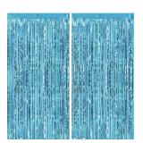 CHRORINE 2pcs 3ft x 8ft Light Blue Metallic Tinsel Foil Fringe Curtains Backdrop for Frozen Mermaid Blue Birthday Party Decorations, Baby Shower Bachelorette Bridal Shower Party Decorations