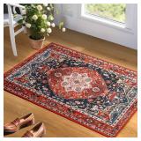 YJ.GWL Doormat Boho Floral Area Rug 2x3, Machine Washable Small Entryway Rug, Soft Throw Rugs for Entrance Kitchen Bedroom, Non-Slip Non-Shedding Low-Pile Floor Carpet, Red