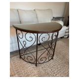 Metal and glass top half moon entry table 30 x 39 x 19 in